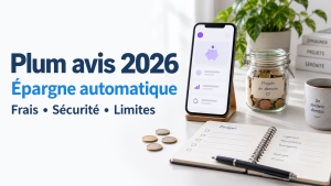 Plum avis 2026 : téléphone, carnet de budget et pièces de monnaie illustrant l’épargne automatique.