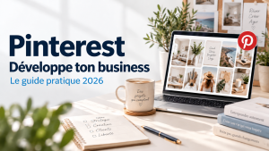 Utiliser Pinterest pour développer son business en 2026 : ordinateur affichant un tableau d’inspiration sur un bureau.