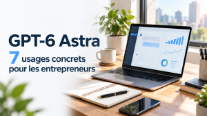 GPT-6 Astra : 7 usages concrets pour les entrepreneurs, illustrés par un ordinateur sur un bureau.
