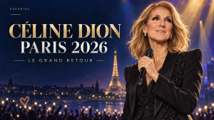 Céline Dion Paris 2026 : illustration de la chanteuse et de son grand retour, sur fond de Paris illuminé