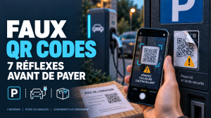 Faux QR codes : illustration d’un smartphone devant un horodateur avec un autocollant suspect, une borne de recharge et un avis de livraison.