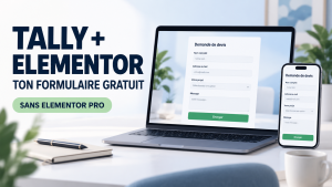Tally Elementor : illustration d’un formulaire de demande de devis affiché sur un ordinateur et un smartphone.