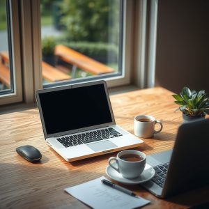 bureau avec ordinateur et plante