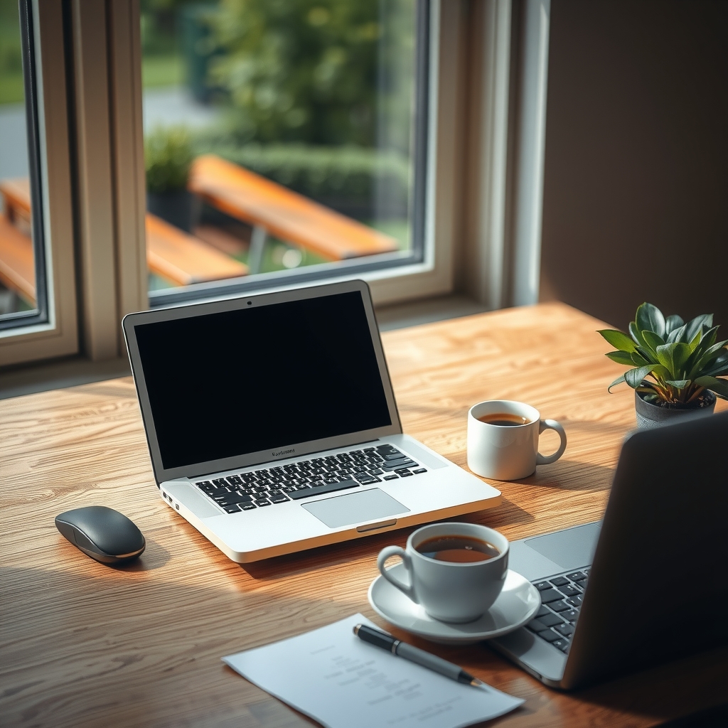 bureau avec ordinateur et plante