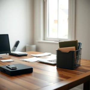 bureau avec ordinateur et dossiers