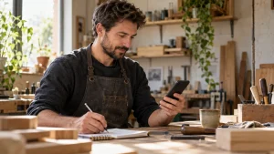 Réponses rapides WhatsApp Business : un artisan consulte son téléphone dans son atelier