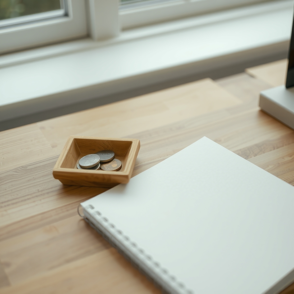 Quelques pièces et un carnet fermé sur un bureau en bois.