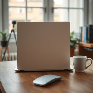 Ordinateur vu de dos, souris et tasse sur un bureau éclairé naturellement.
