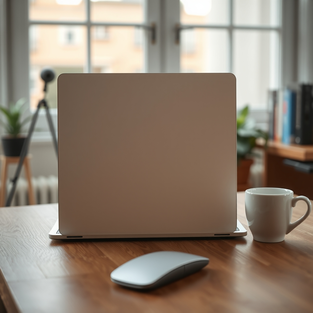 Ordinateur vu de dos, souris et tasse sur un bureau éclairé naturellement.