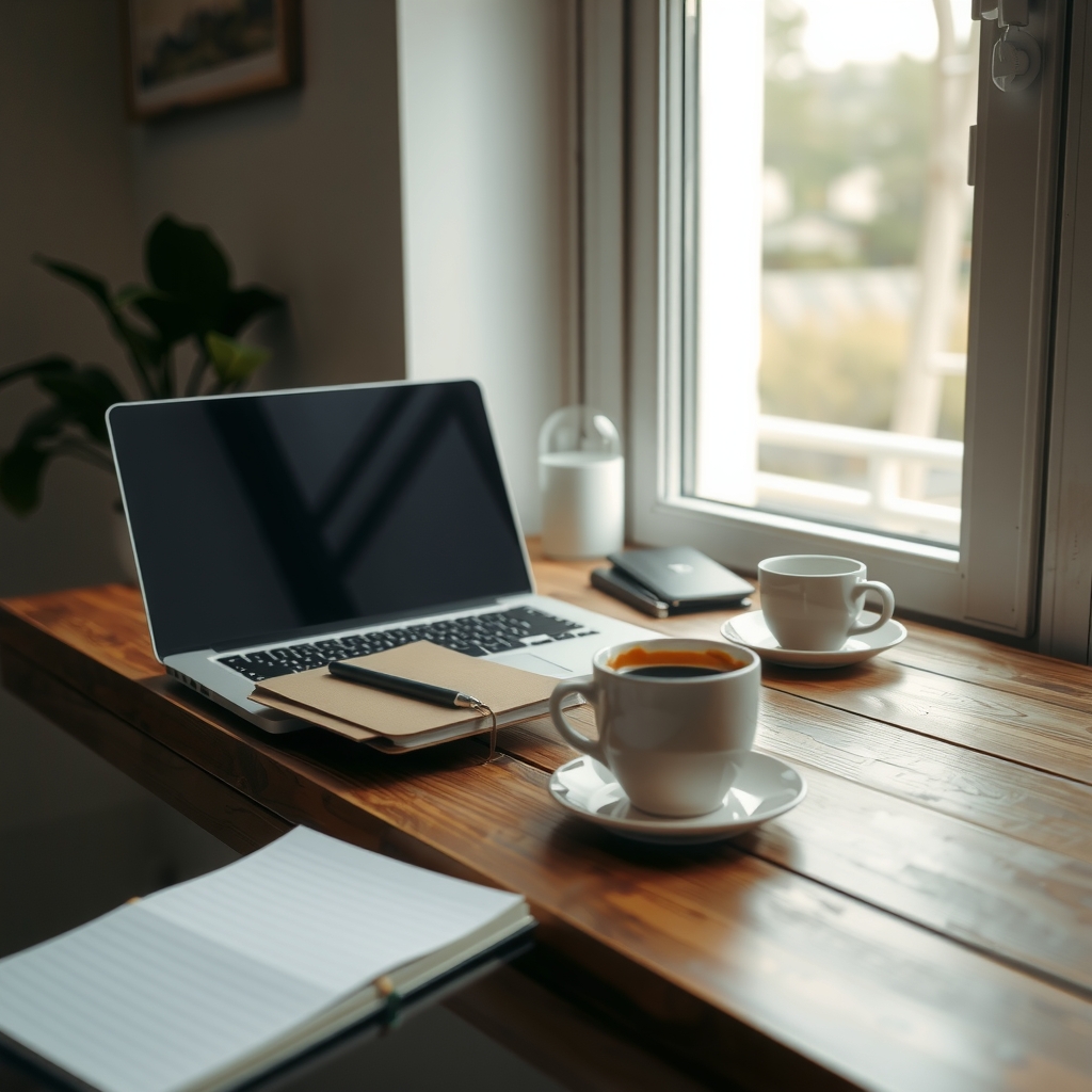 bureau avec ordinateur et café