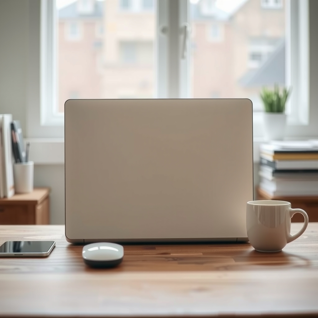 Ordinateur vu de dos, souris et tasse sur un bureau éclairé naturellement.
