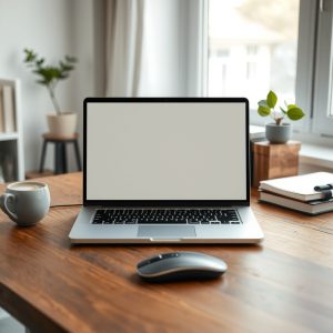 Ordinateur vu de dos, souris et tasse sur un bureau éclairé naturellement.