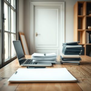 bureau en bois avec ordinateur et dossiers