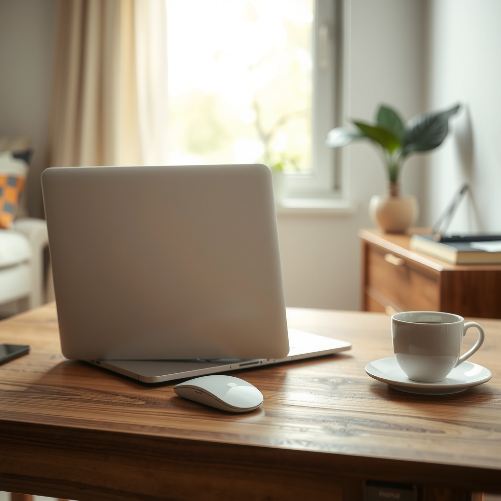 Ordinateur vu de dos, souris et tasse sur un bureau éclairé naturellement.