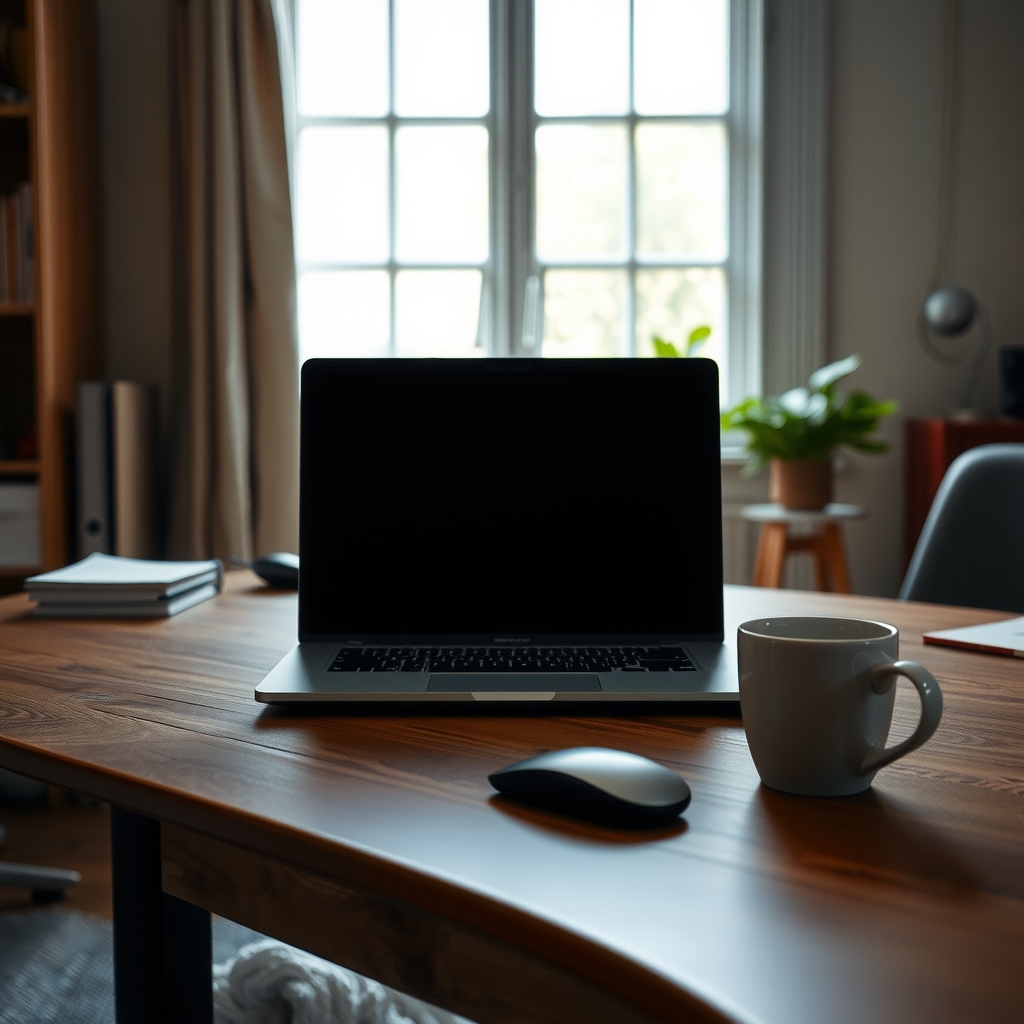 Ordinateur vu de dos, souris et tasse sur un bureau éclairé naturellement.