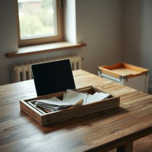 bureau avec ordinateur et papiers