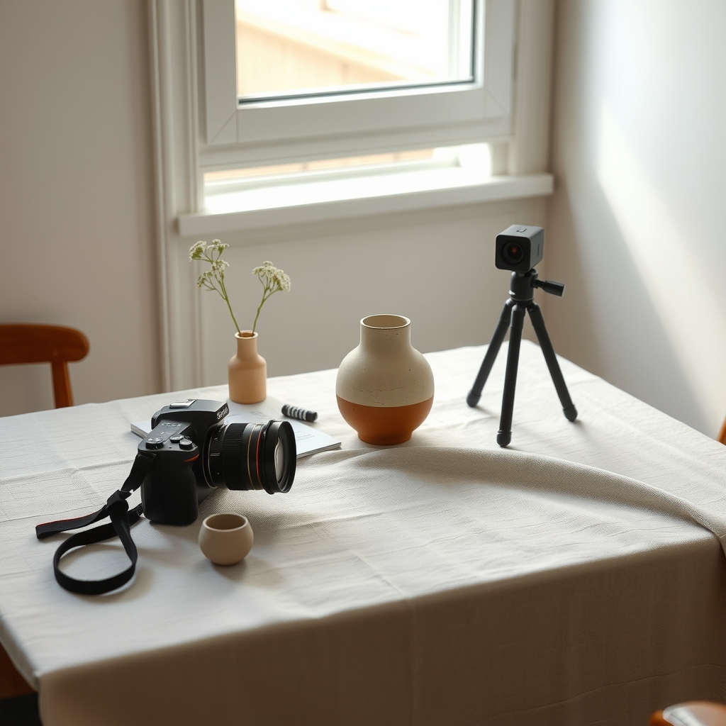 Vase en céramique et appareil photo dans un petit espace de prise de vue.