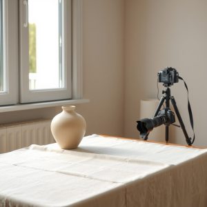 Vase en céramique et appareil photo dans un petit espace de prise de vue.