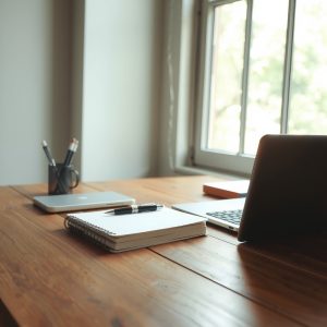 bureau en bois avec stylos