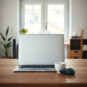 Ordinateur vu de dos, souris et tasse sur un bureau éclairé naturellement.