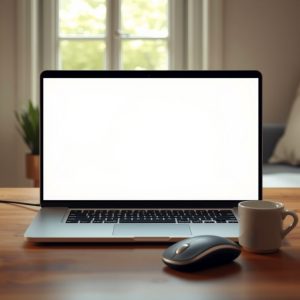 Ordinateur vu de dos, souris et tasse sur un bureau éclairé naturellement.