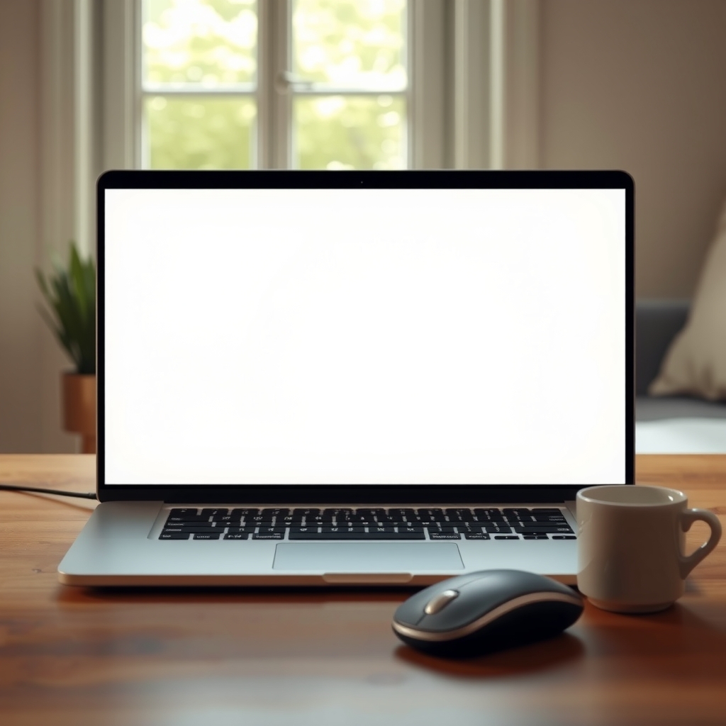 Ordinateur vu de dos, souris et tasse sur un bureau éclairé naturellement.