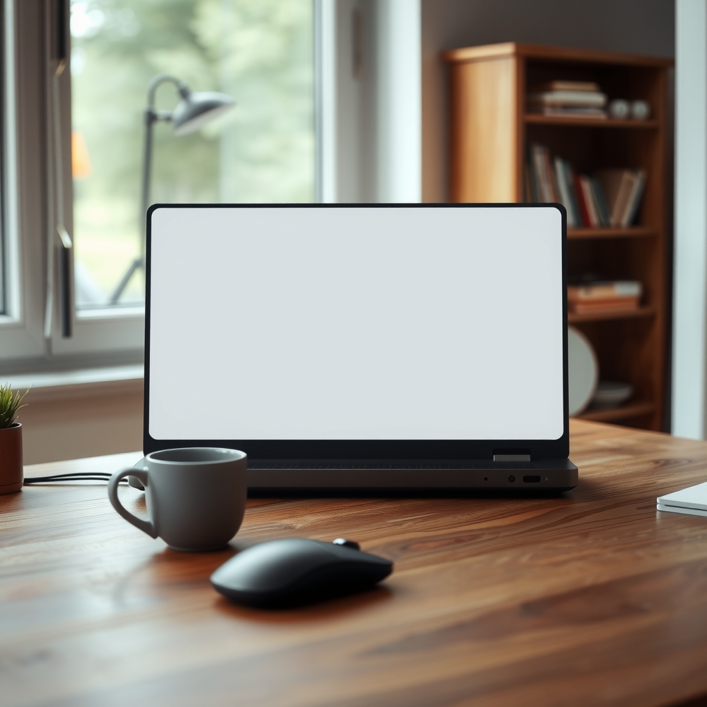 Ordinateur vu de dos, souris et tasse sur un bureau éclairé naturellement.