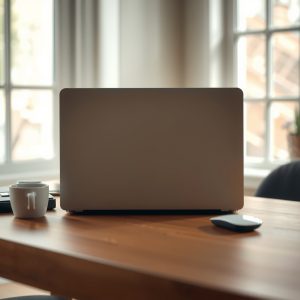Ordinateur vu de dos, souris et tasse sur un bureau éclairé naturellement.