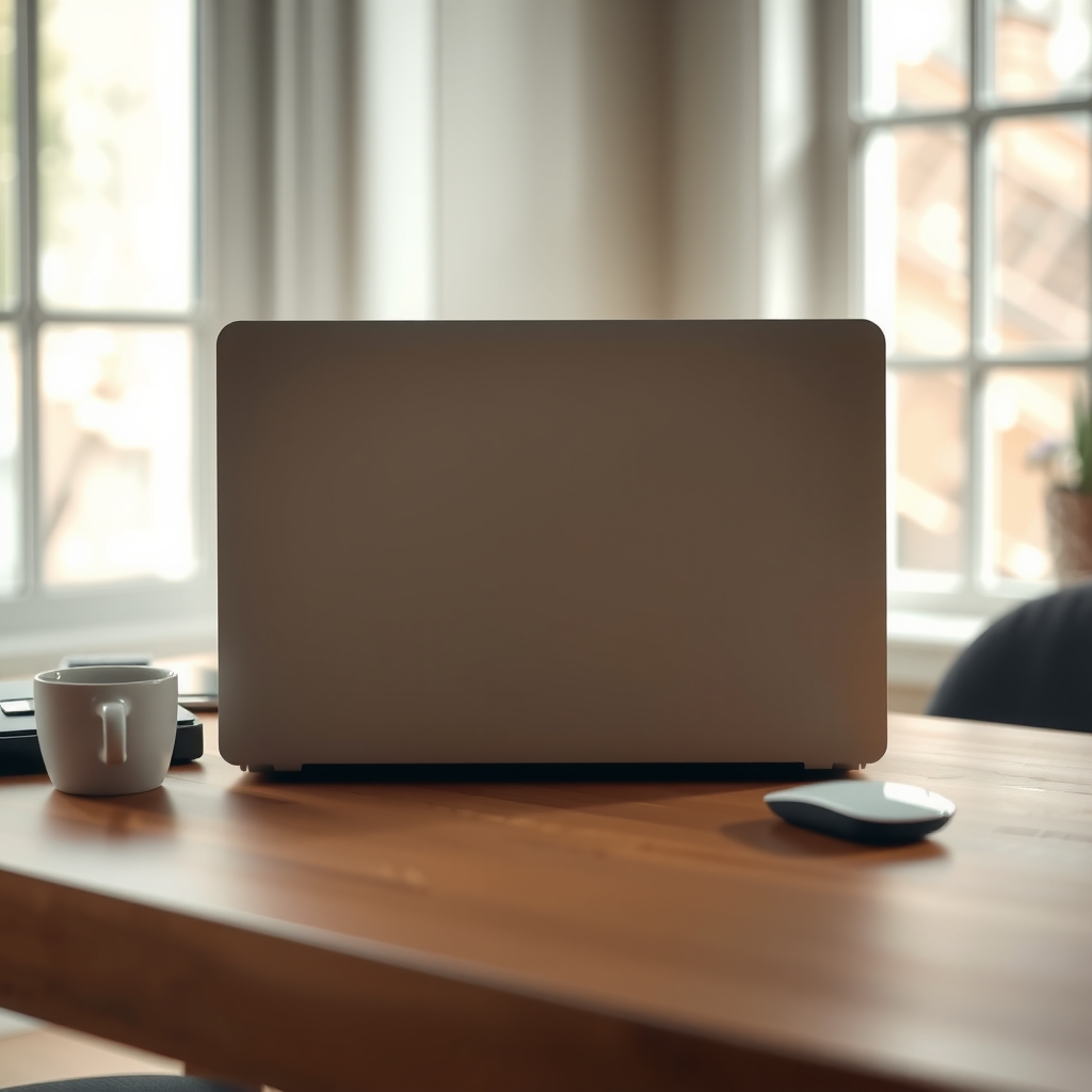 Ordinateur vu de dos, souris et tasse sur un bureau éclairé naturellement.