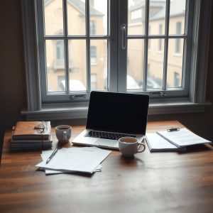 bureau avec ordinateur et café