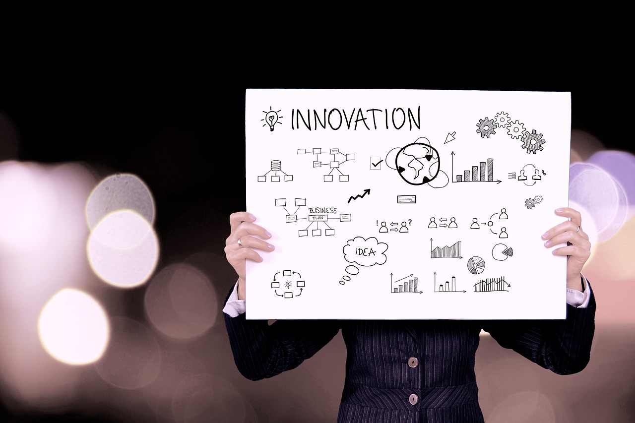 Innovation, entreprise, homme d'affaires, information, présentation, graphique, icônes, illustration, tableau blanc