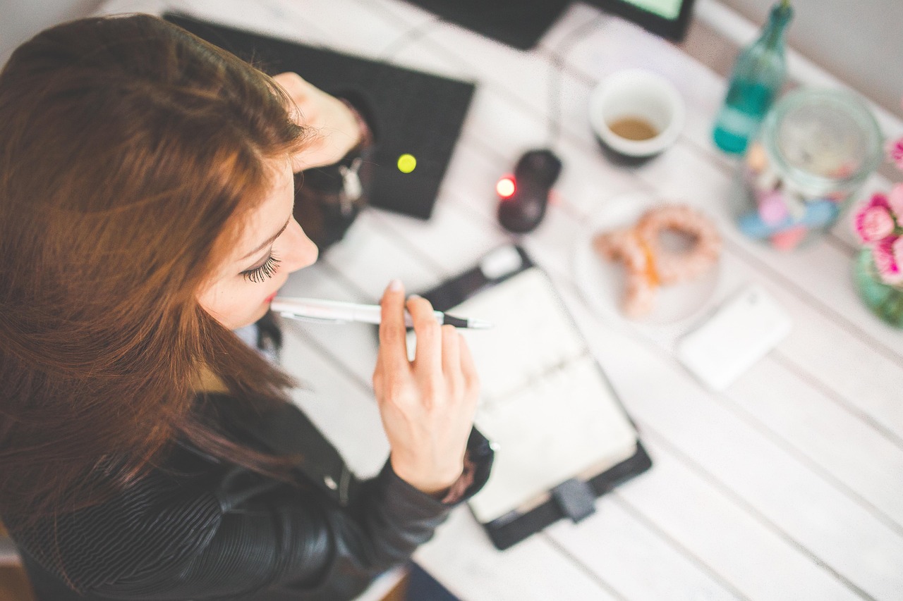 travail, femme, travail, bureau, bureau, réfléchir, réflexion